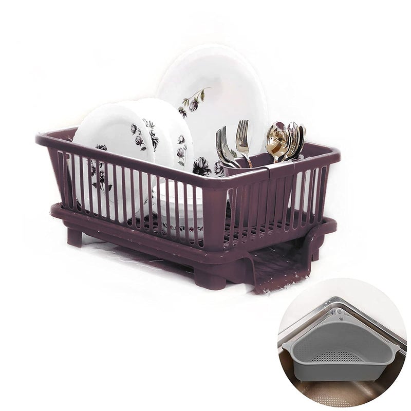 DDecora Popular Combo Kitchen Sink Organiser 3 in 1 Kitchen Sink Dish Rack Drainer Drying Rack Washing Basket with Tray for Kitchen Dish Rack Organizers Brown Grey - Image 1
