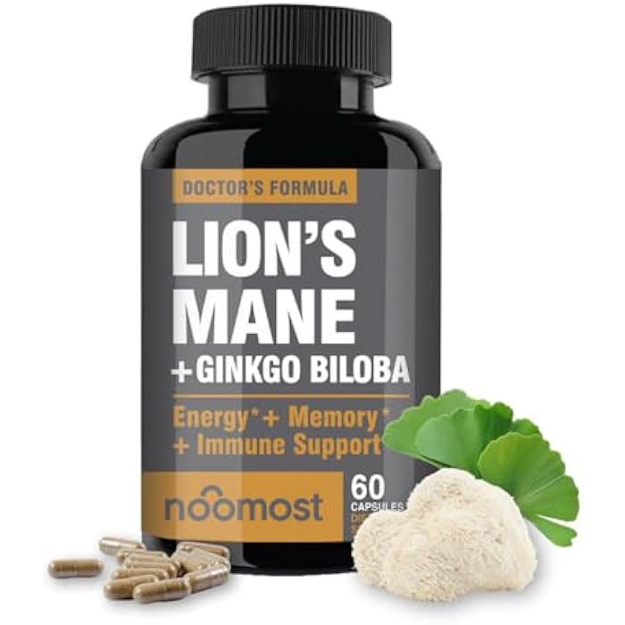 NooMost Lions Mane Mushroom Supplement Capsules 1080mg With Ginkgo Biloba - Energy, Focus, Clarity & Memory Support - Real Superfood for Brain Health for Men & Women - Made in USA - 60 Veg Caps - Image 1