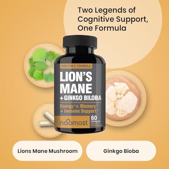 NooMost Lions Mane Mushroom Supplement Capsules 1080mg With Ginkgo Biloba - Energy, Focus, Clarity & Memory Support - Real Superfood for Brain Health for Men & Women - Made in USA - 60 Veg Caps - Image 2