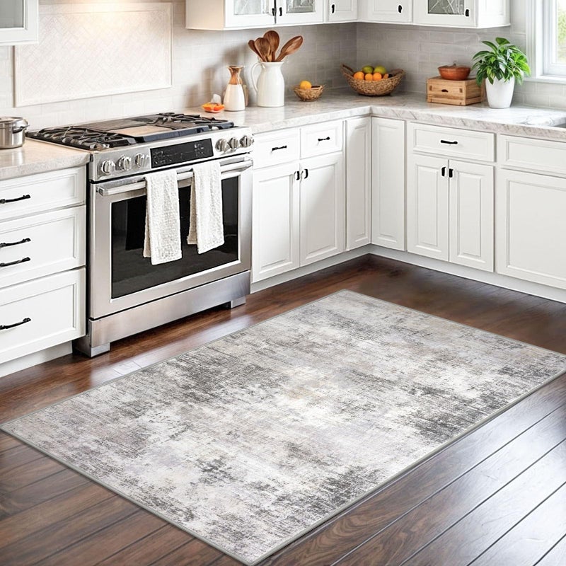 IOHOUZE Abstract Area Rug 3x5 Ft Washable Rugs for Entryway Indoor, Non Slip Kitchen Rug Printed Faux Wool Throw Rugs, Indoor Door Mat for Door Entrance Foyer Living Room, Grey Beige - Image 2