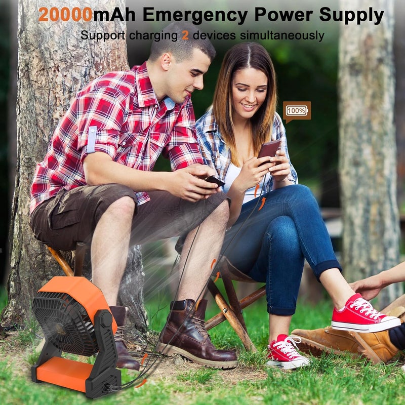 KITWLEMEN Camping Fan with LED Lantern, 20000mAh Rechargeable Battery Operated Outdoor Tent Fan with Light & Hanging Hook, 4 Speeds, Personal USB Desk Fan for Camping, Power Outage, Hurricane, Jobsite - Image 5