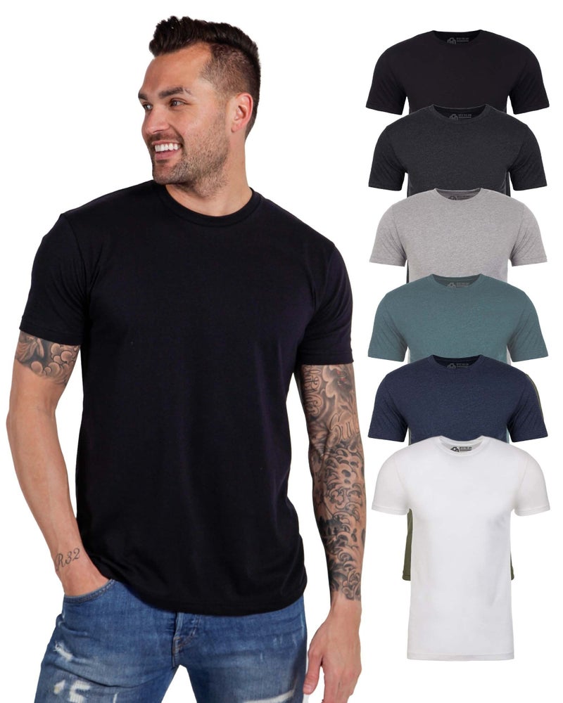 INTO THE AM Mens Fitted Crewneck Essential Blank Tees 6Pack Tshirts Multipack Casual Fitted Gym Fresh Classic Plain Fashion Short Sleeve Undershirt BlackCharcoalGreyIndigoNavyWhite XLarge