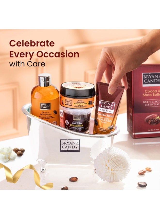 Bryan & Candy Cocoa & Shea Butter Bath Tub Essentials Gift Set Cocoa & Shea Butter Bath & Shower Gel 300,Cocoa & Shea Butter Purifying Face Polish 100ml,Cocoa & Shea Butter Sugar Body Scrub 100ml,Cocoa Shea Moisturizing Hand & Body Lotion 125 ml,Luxury Loofah 1 - Image 2