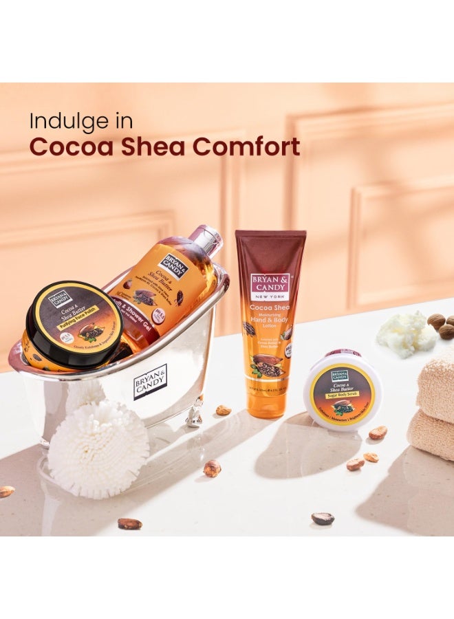 Bryan & Candy Cocoa & Shea Butter Bath Tub Essentials Gift Set Cocoa & Shea Butter Bath & Shower Gel 300,Cocoa & Shea Butter Purifying Face Polish 100ml,Cocoa & Shea Butter Sugar Body Scrub 100ml,Cocoa Shea Moisturizing Hand & Body Lotion 125 ml,Luxury Loofah 1 - Image 4