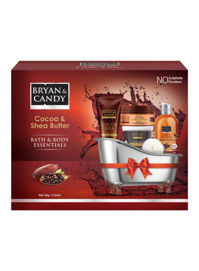 Bryan & Candy Cocoa & Shea Butter Bath Tub Essentials Gift Set Cocoa & Shea Butter Bath & Shower Gel 300,Cocoa & Shea Butter Purifying Face Polish 100ml,Cocoa & Shea Butter Sugar Body Scrub 100ml,Cocoa Shea Moisturizing Hand & Body Lotion 125 ml,Luxury Loofah 1 - Image 1