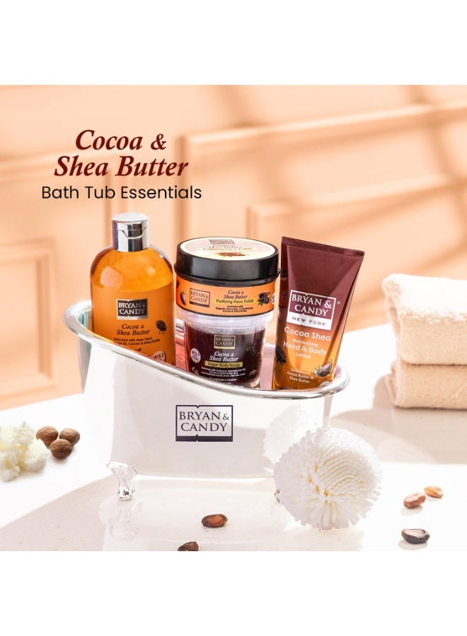 Bryan & Candy Cocoa & Shea Butter Bath Tub Essentials Gift Set Cocoa & Shea Butter Bath & Shower Gel 300,Cocoa & Shea Butter Purifying Face Polish 100ml,Cocoa & Shea Butter Sugar Body Scrub 100ml,Cocoa Shea Moisturizing Hand & Body Lotion 125 ml,Luxury Loofah 1 - Image 3