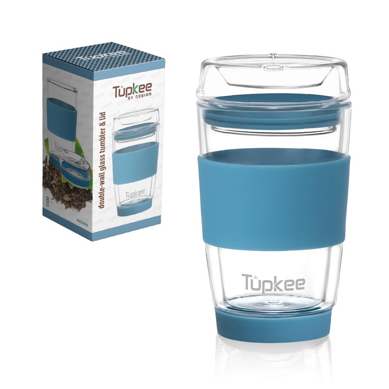 Tupkee Tupkee Double Wall Glass Tumbler  8Ounce All Glass Hand Blown Reusable Insulated TeaCoffee Mug  Lid Travel Mug  Niagara 
