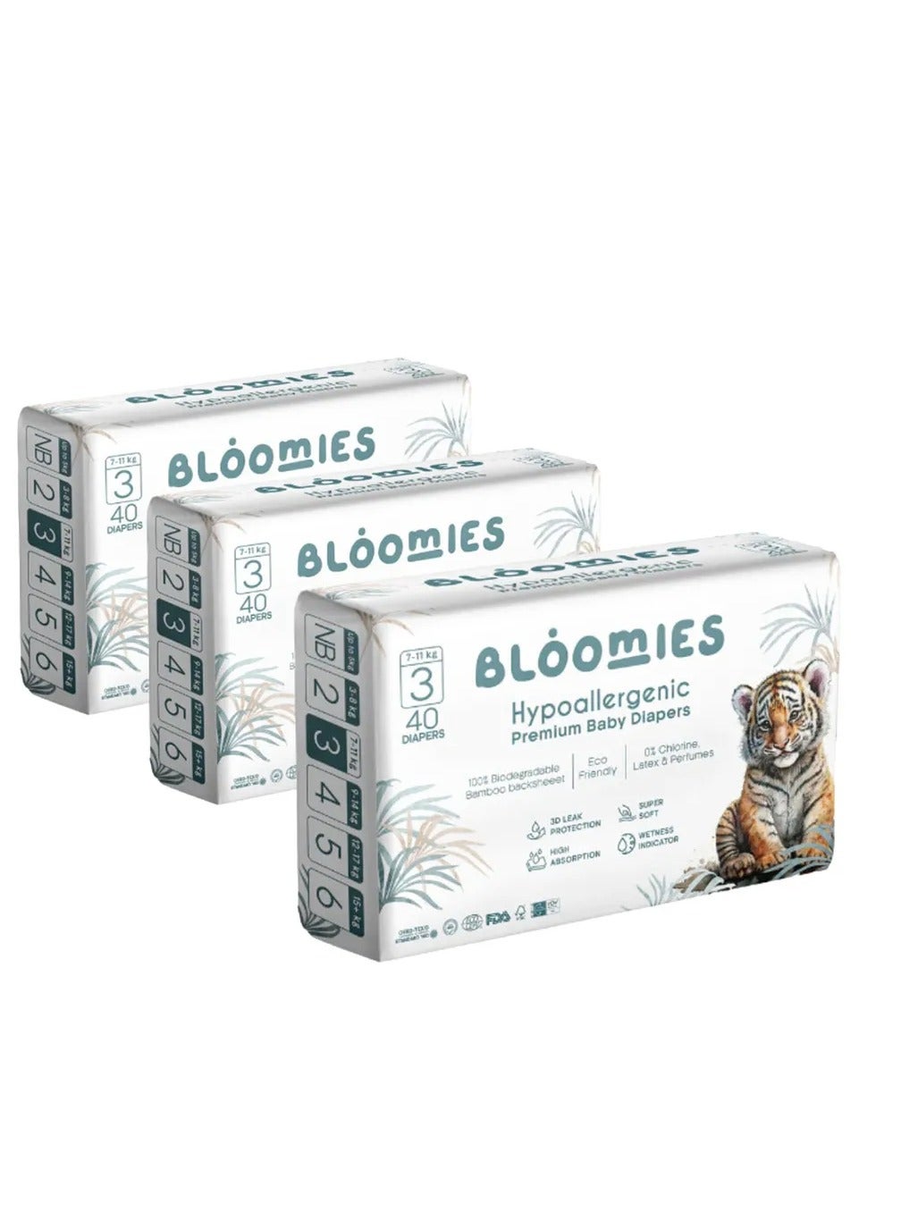 Bloomies Organic Bamboo Baby Diapers Size 3 (7-11kg baby) 120pcs (40X3) Bundle| Eco-friendly, Hypoallergenic, Non-toxic, Breathable Nappies