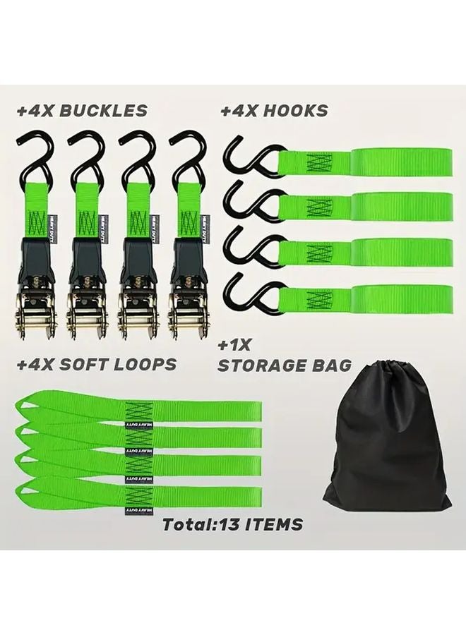 4Pcs Heavy Duty Ratchet Tie Down Straps 15ft 1800lb Break Strength Green - Image 1
