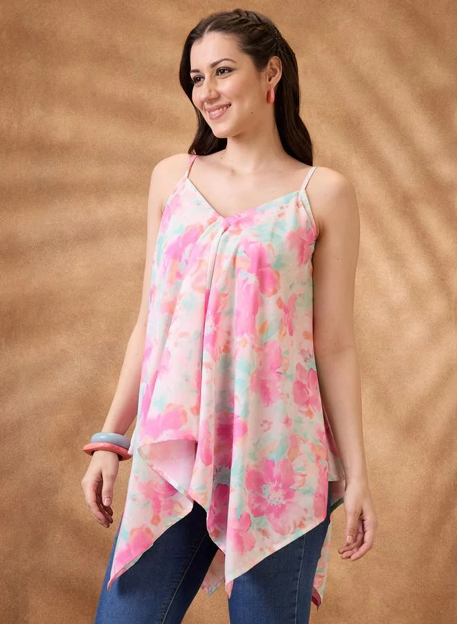 globus Floral Print Asymmetric Hem Fusion Tunic