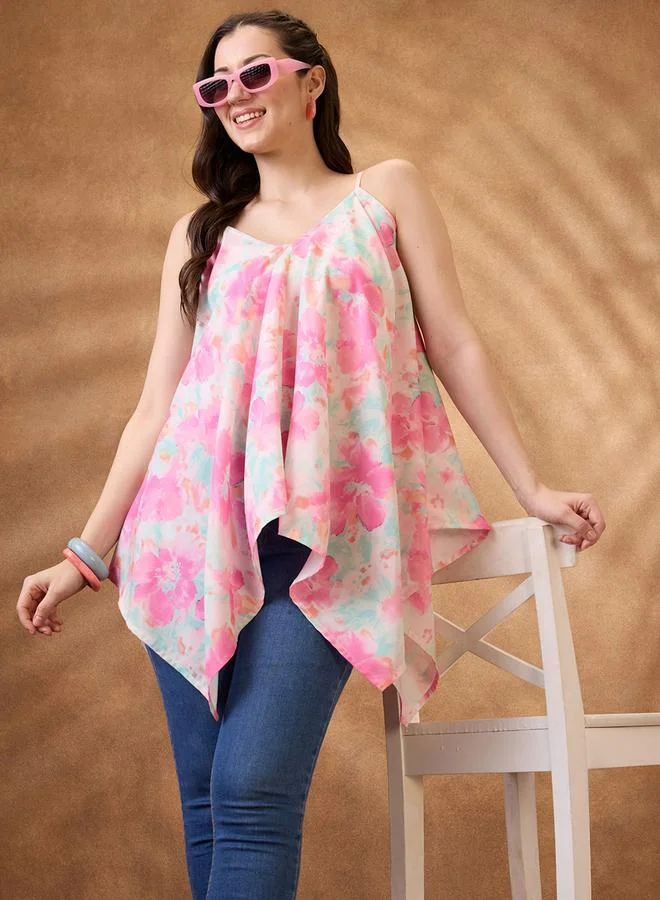 globus Floral Print Asymmetric Hem Fusion Tunic