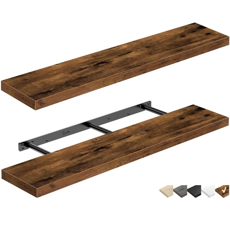 QEEIG Bathroom Shelves 48 inches Long Wall Shelf Large Extra Long 48 x 9 inch Set of 2 Rustic Brown 008120BN