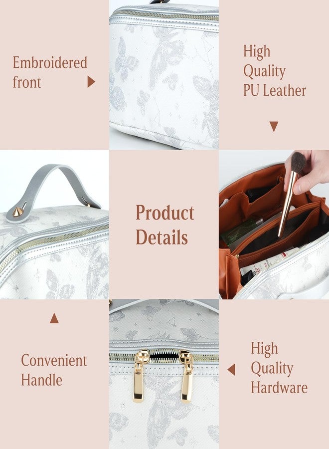 KEYPOWER Large Capacity Cosmetic Bag with Butterfly Pattern Travel Makeup Bag Portable Toiletry Bag with Handle for Women (Grey) - Image 3