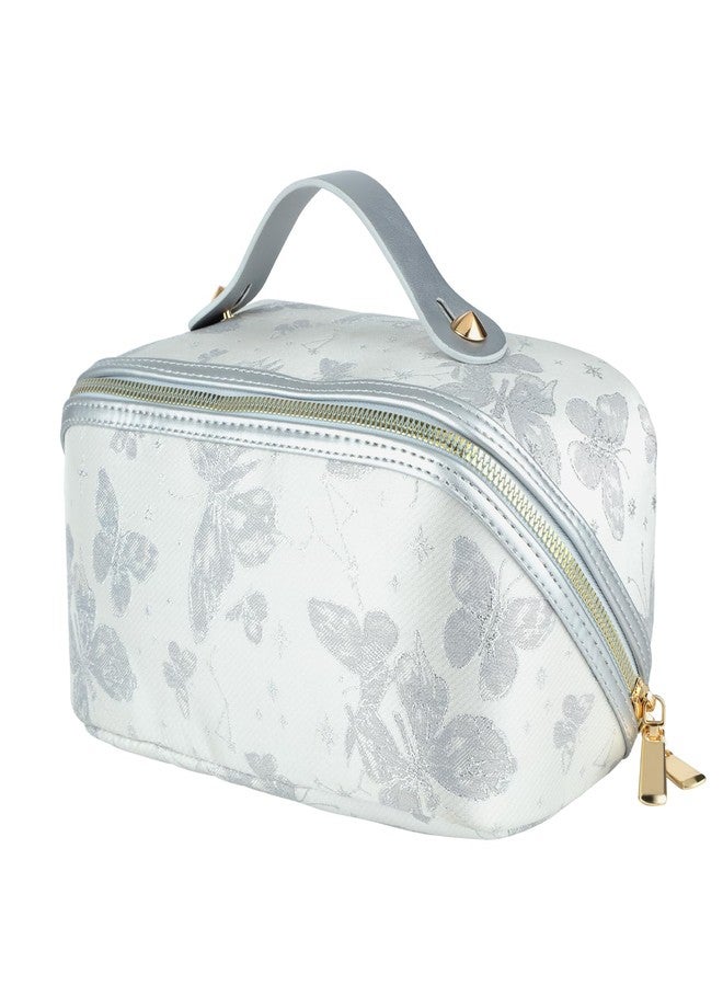 KEYPOWER Large Capacity Cosmetic Bag with Butterfly Pattern Travel Makeup Bag Portable Toiletry Bag with Handle for Women (Grey) - Image 1
