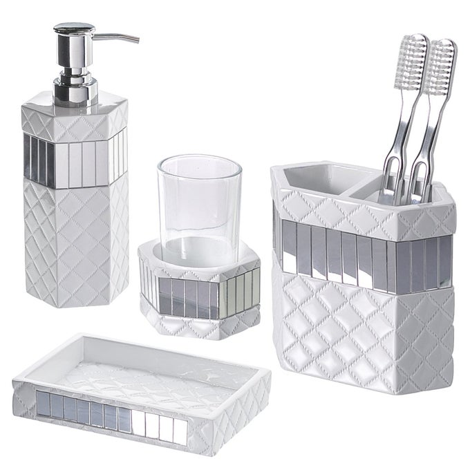 QUILTED MIRROR WHITE BATHROOM ACCESSORIES SET DECORATIVE 4 PIECE BATHROOM SET MIRRORED BATHROOM ACCESSORY SET INCLUDES SOAP DISPENSER TOOTHBRUSH HOLDER TUMBLER SOAP DISH