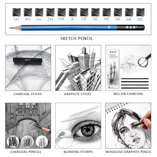 HB H & B 36 Pack Drawing Set Sketch Kit,Sketching Supplies with 2 sketch pad, Graphite Pencils, Charcoal Sticks, Eraser, Pro Art Drawing Kit for Artists Beginner Adults, Ideal for Shading, Blending - Image 2