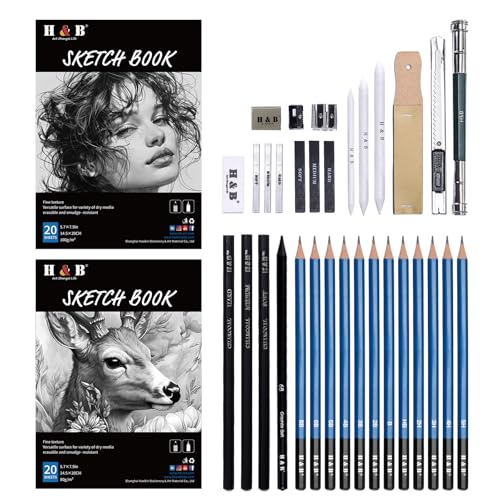 HB H & B 36 Pack Drawing Set Sketch Kit,Sketching Supplies with 2 sketch pad, Graphite Pencils, Charcoal Sticks, Eraser, Pro Art Drawing Kit for Artists Beginner Adults, Ideal for Shading, Blending - Image 3