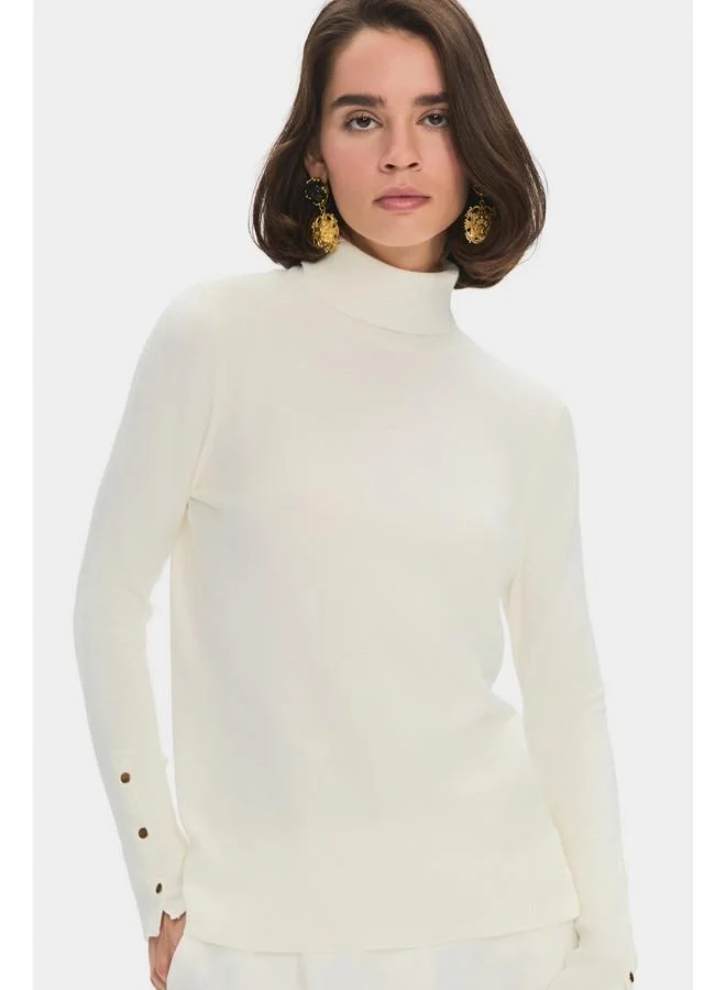 جون June Women Viscose Blend Fitted Turtleneck Long Sleeve Sweater Ecru