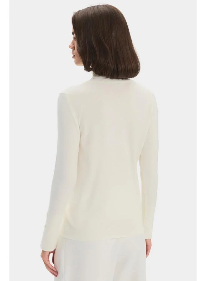 جون June Women Viscose Blend Fitted Turtleneck Long Sleeve Sweater Ecru