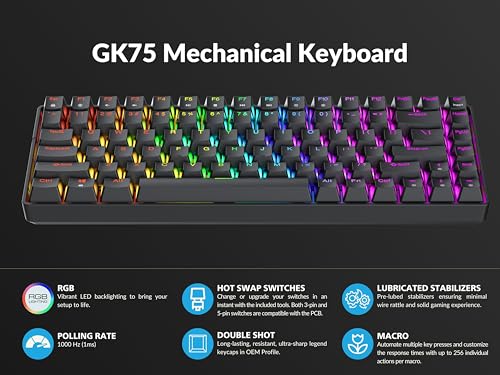 Geeky GK75 75% | Hot Swappable Mechanical Gaming Keyboard | 84 Keys Multi Color RGB LED Backlit for PC/Mac Gamer | ANSI US American Layout (Black, Mechanical Black) - Image 3