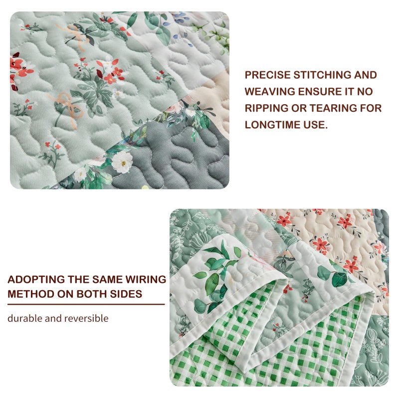 Joyreap 2 Pieces Floral Patchwork Quilt Set Twin, Green Flowers Design, Soft n Cozy Microfiber Quilt, Bedspread Bed Cover for All Season, 1 Quilt and 1 Pillow Sham- 68x86 inches - Image 4