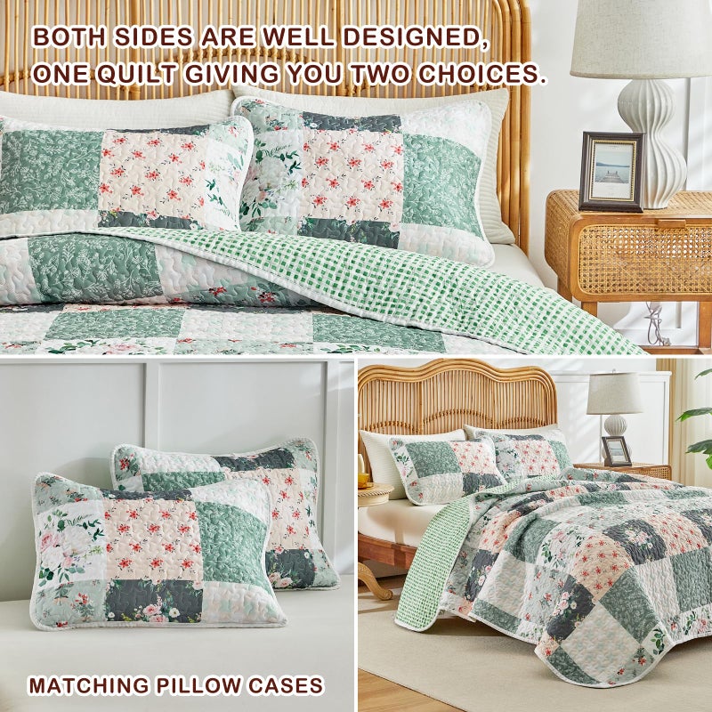 Joyreap 2 Pieces Floral Patchwork Quilt Set Twin, Green Flowers Design, Soft n Cozy Microfiber Quilt, Bedspread Bed Cover for All Season, 1 Quilt and 1 Pillow Sham- 68x86 inches - Image 5