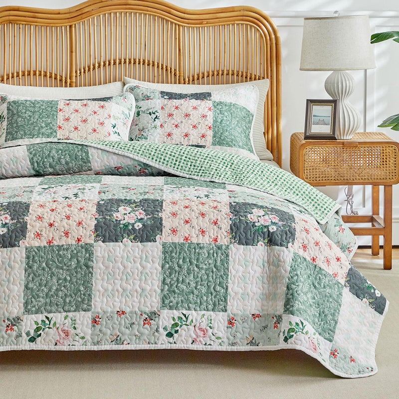 Joyreap 2 Pieces Floral Patchwork Quilt Set Twin, Green Flowers Design, Soft n Cozy Microfiber Quilt, Bedspread Bed Cover for All Season, 1 Quilt and 1 Pillow Sham- 68x86 inches - Image 3