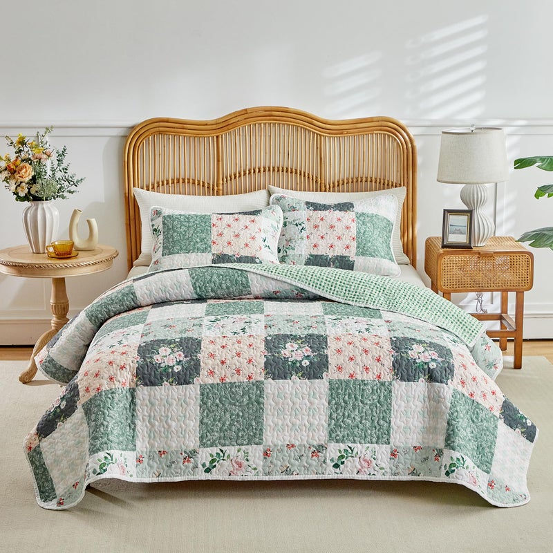 Joyreap 2 Pieces Floral Patchwork Quilt Set Twin, Green Flowers Design, Soft n Cozy Microfiber Quilt, Bedspread Bed Cover for All Season, 1 Quilt and 1 Pillow Sham- 68x86 inches - Image 1