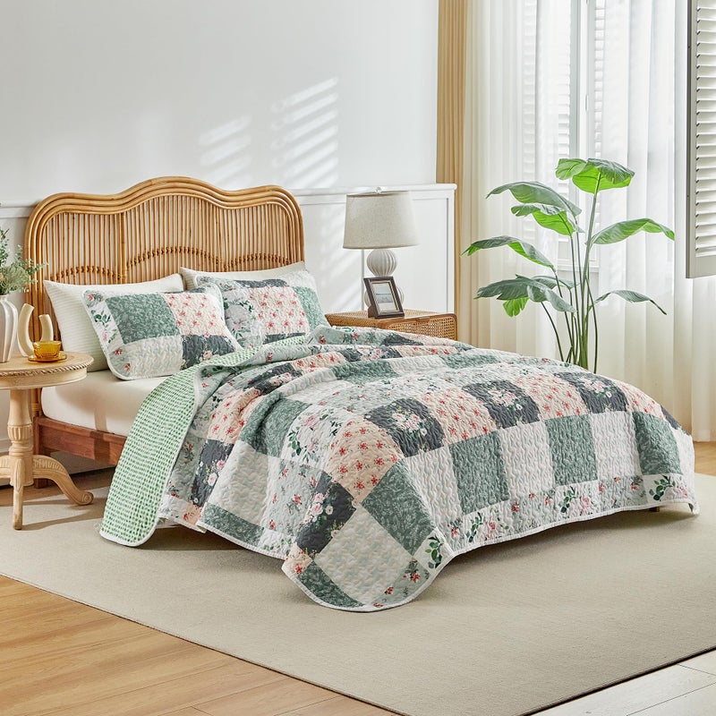 Joyreap 2 Pieces Floral Patchwork Quilt Set Twin, Green Flowers Design, Soft n Cozy Microfiber Quilt, Bedspread Bed Cover for All Season, 1 Quilt and 1 Pillow Sham- 68x86 inches - Image 2