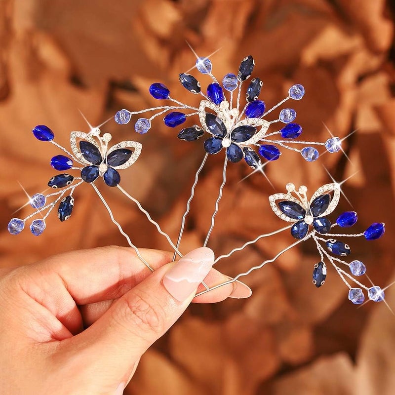 IYOU Baroque Wedding Hair Pins Crystal Navy Blue Bridal Hair Piece Butterfly Sparkly Rhinestone Guest Bridesmaid Hair Accessories for WomenPack of 3