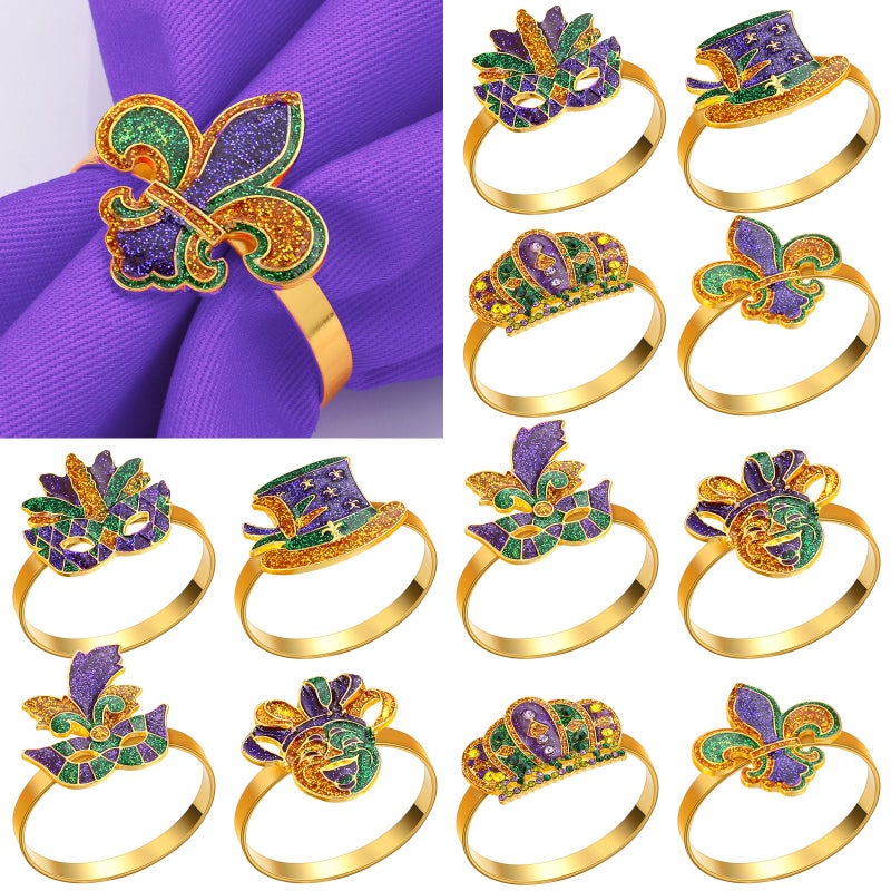 Blushtier 12 Pcs Mardi Gras Napkin Rings Fleur De Lis Napkin Cloth Holder Rings Mardi Gras Napkins Decorations Glitter Purple Gold Mask Crown Jester Hat Masquerade Dinner Party Table Supplies(Elegant) - Image 1
