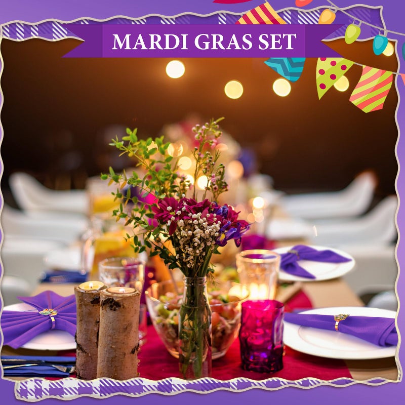 Blushtier 12 Pcs Mardi Gras Napkin Rings Fleur De Lis Napkin Cloth Holder Rings Mardi Gras Napkins Decorations Glitter Purple Gold Mask Crown Jester Hat Masquerade Dinner Party Table Supplies(Elegant) - Image 5