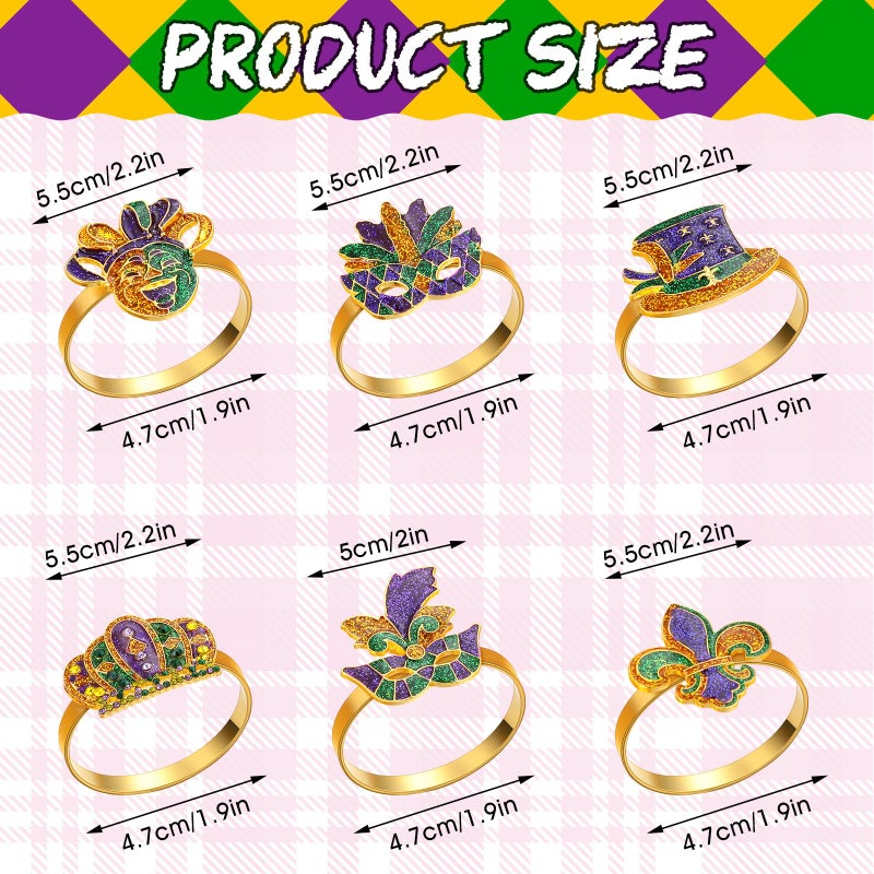 Blushtier 12 Pcs Mardi Gras Napkin Rings Fleur De Lis Napkin Cloth Holder Rings Mardi Gras Napkins Decorations Glitter Purple Gold Mask Crown Jester Hat Masquerade Dinner Party Table Supplies(Elegant) - Image 3