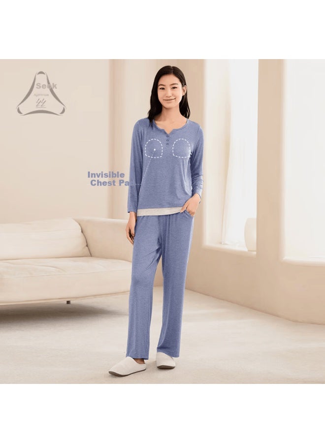 Agentmuse Women's Bare-feel Sleepwear Set With Chest Pad, Tencel Modal, Ultra-soft Long Sleeve Top And Pants, Roland Purple, Size M, Model 893 - Image 1