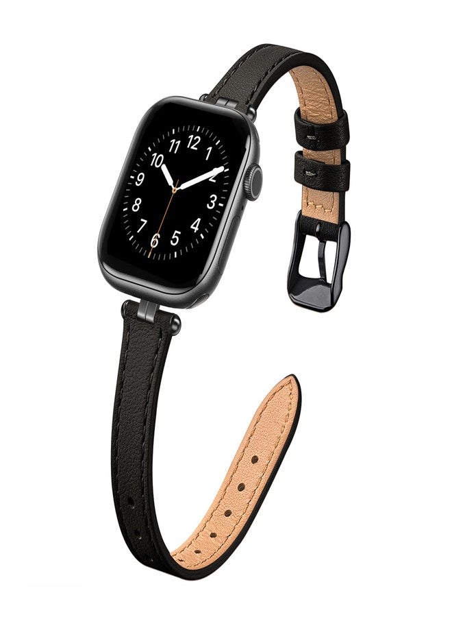 سوار جلدي رفيع من STIROLL متوافق مع ساعات Apple Watch النسائية بمقاسات 41 مم، 40 مم، 38 مم، و42 مم. سوار أنيق من الجلد الطبيعي عالي الجودة، مناسب لساعات iWatch SE Series 10، 9، 8، 7، 6، 5، 4، 3، 2، و1، باللون الأسود. - Image 1