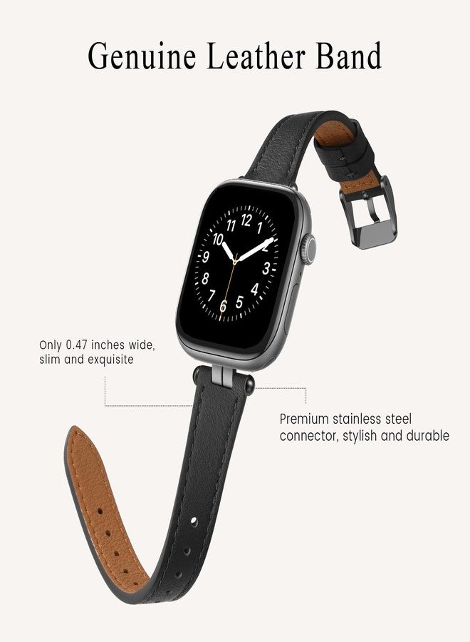 سوار جلدي رفيع من STIROLL متوافق مع ساعات Apple Watch النسائية بمقاسات 41 مم، 40 مم، 38 مم، و42 مم. سوار أنيق من الجلد الطبيعي عالي الجودة، مناسب لساعات iWatch SE Series 10، 9، 8، 7، 6، 5، 4، 3، 2، و1، باللون الأسود. - Image 4