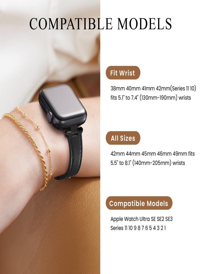 سوار جلدي رفيع من STIROLL متوافق مع ساعات Apple Watch النسائية بمقاسات 41 مم، 40 مم، 38 مم، و42 مم. سوار أنيق من الجلد الطبيعي عالي الجودة، مناسب لساعات iWatch SE Series 10، 9، 8، 7، 6، 5، 4، 3، 2، و1، باللون الأسود. - Image 5