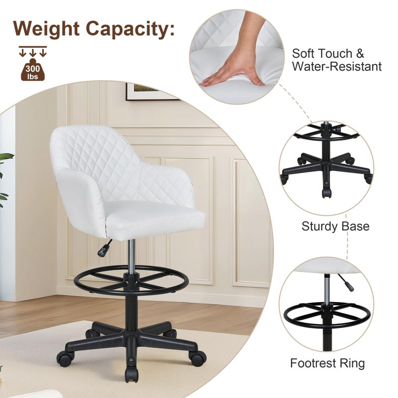 VECELO PU Leather Drafting Chair with Low Back and Footrest Ring, Height Adjustable, Swivel Rolling Wheels, for Drawing/Standing Desk/Office, White - Image 4