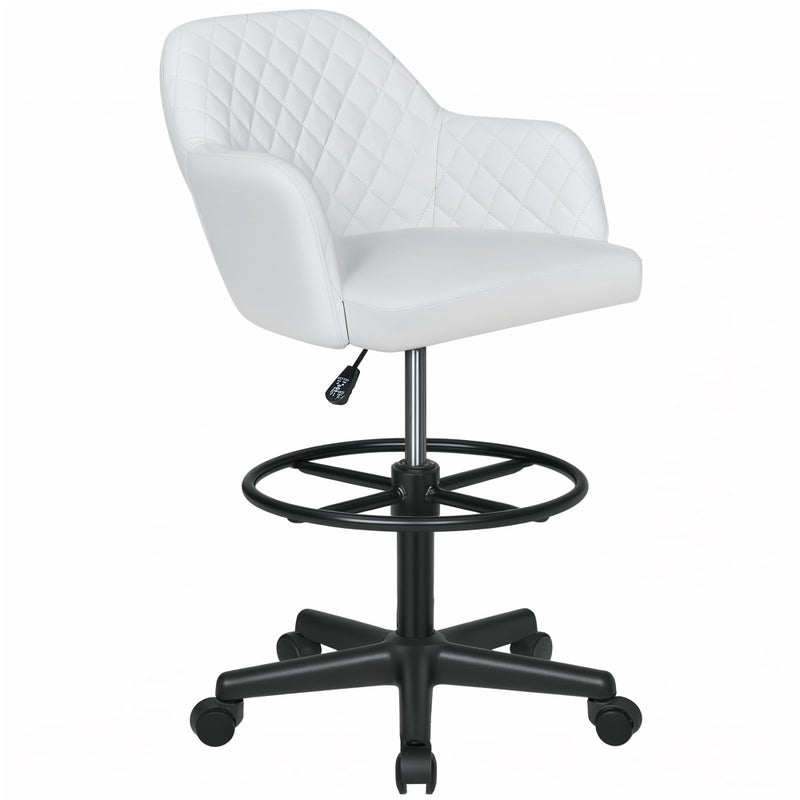 VECELO PU Leather Drafting Chair with Low Back and Footrest Ring, Height Adjustable, Swivel Rolling Wheels, for Drawing/Standing Desk/Office, White - Image 1