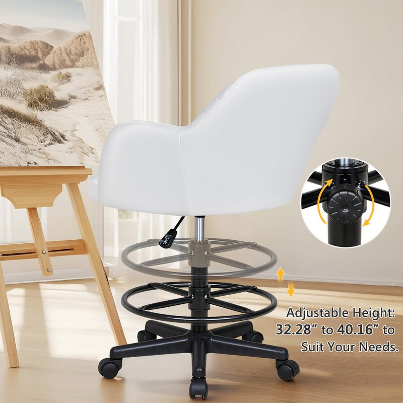 VECELO PU Leather Drafting Chair with Low Back and Footrest Ring, Height Adjustable, Swivel Rolling Wheels, for Drawing/Standing Desk/Office, White - Image 5
