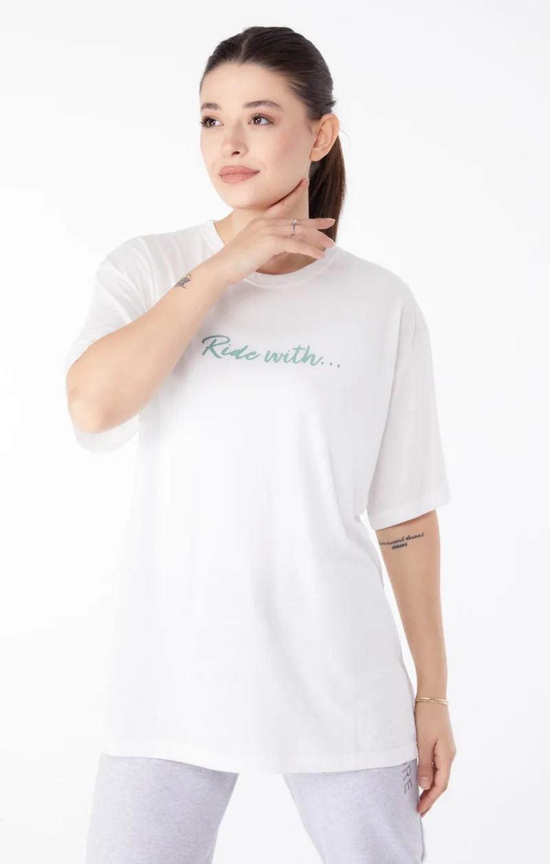 Tofisa Plain Crew Neck Women's Ecru Short Sleeve Printed T-Shirt - 24651