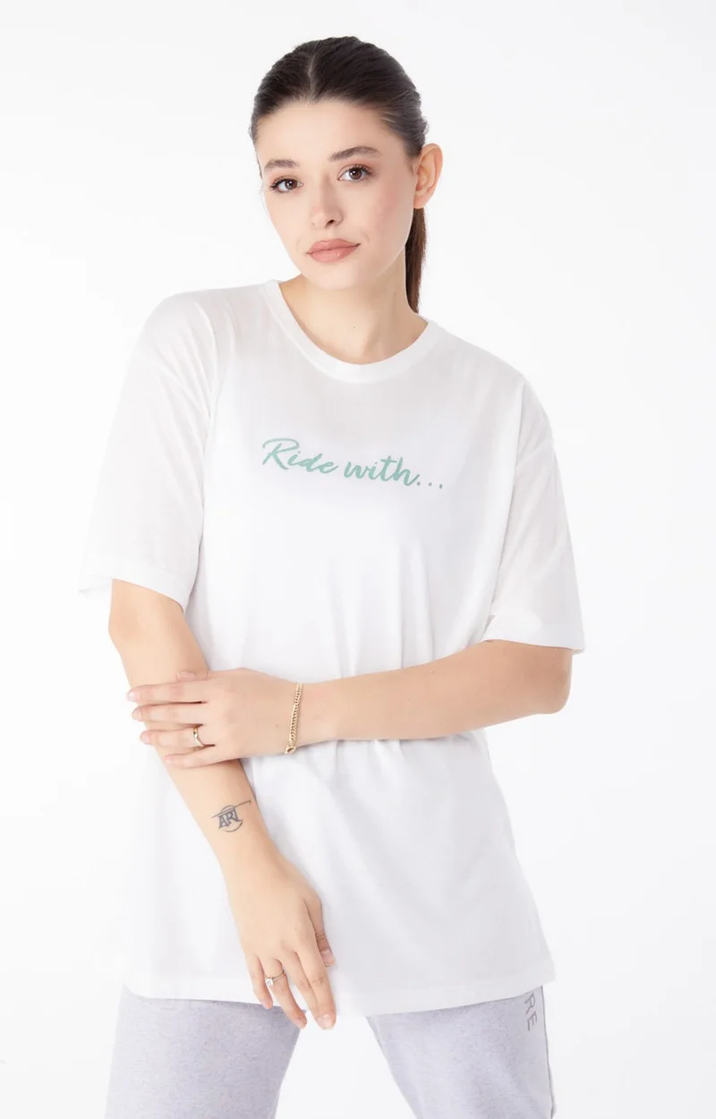 Tofisa Plain Crew Neck Women's Ecru Short Sleeve Printed T-Shirt - 24651