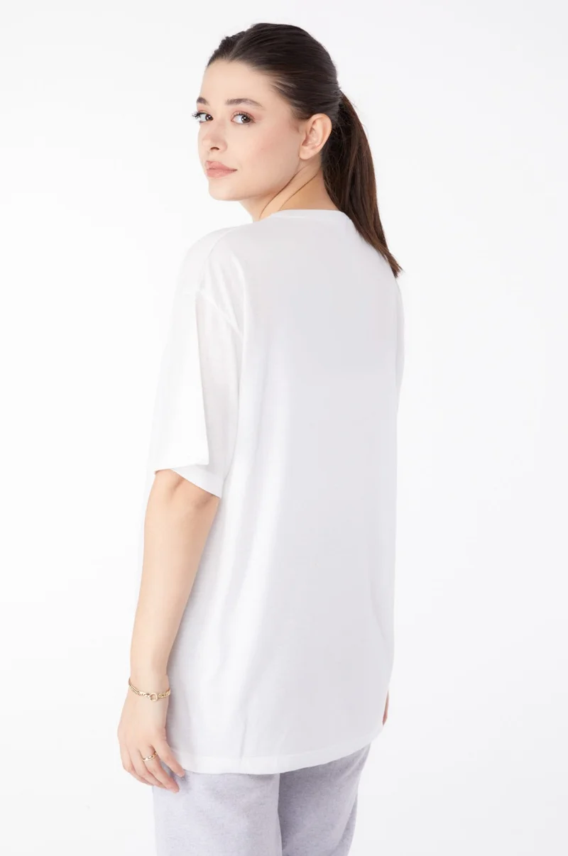 Tofisa Plain Crew Neck Women's Ecru Short Sleeve Printed T-Shirt - 24651