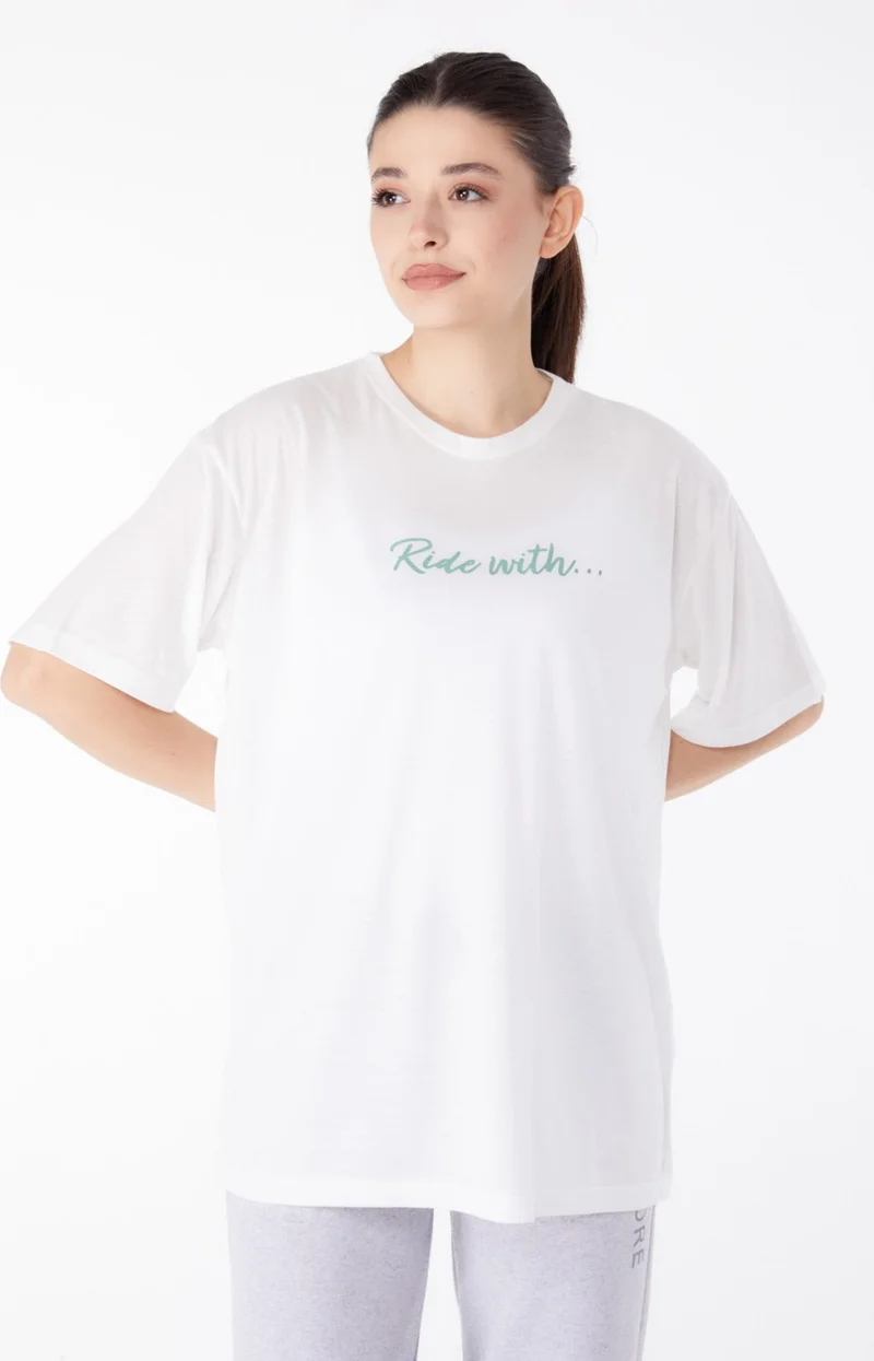Tofisa Plain Crew Neck Women's Ecru Short Sleeve Printed T-Shirt - 24651