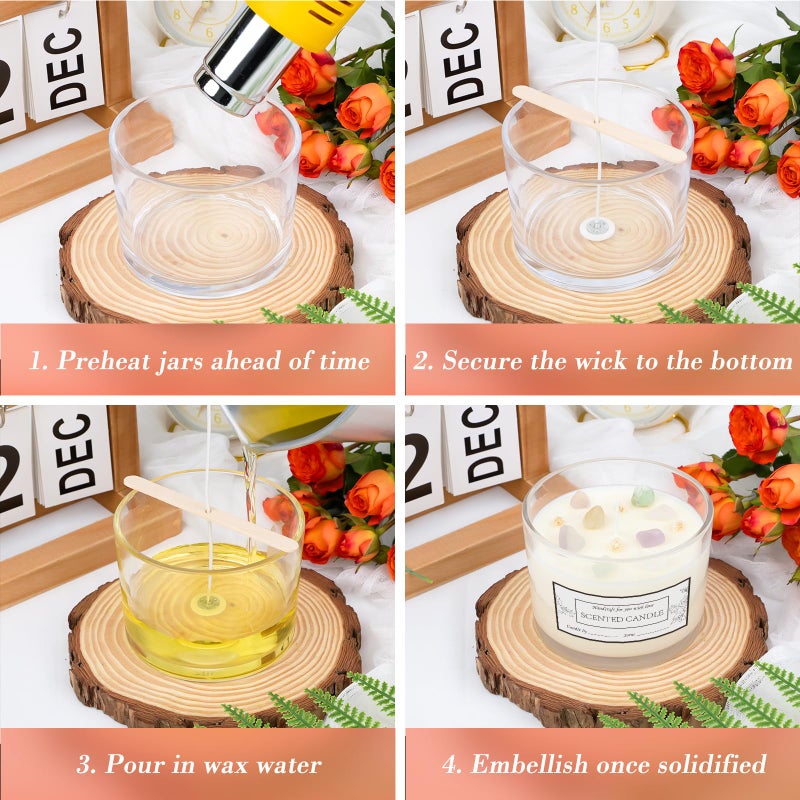 CONNOO 8 Pack 12 OZ Clear Glass Wide Mouth Candle Jars for Making Candles with Airtight Bamboo Lids Nice Sticky Warning Labels for Candle Making Empty Container Bulk - Dishwasher Safe - Image 4