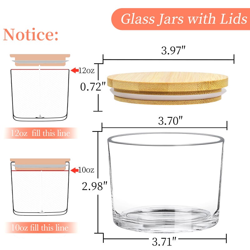 CONNOO 8 Pack 12 OZ Clear Glass Wide Mouth Candle Jars for Making Candles with Airtight Bamboo Lids Nice Sticky Warning Labels for Candle Making Empty Container Bulk - Dishwasher Safe - Image 2