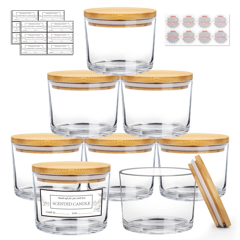 CONNOO 8 Pack 12 OZ Clear Glass Wide Mouth Candle Jars for Making Candles with Airtight Bamboo Lids Nice Sticky Warning Labels for Candle Making Empty Container Bulk - Dishwasher Safe - Image 1