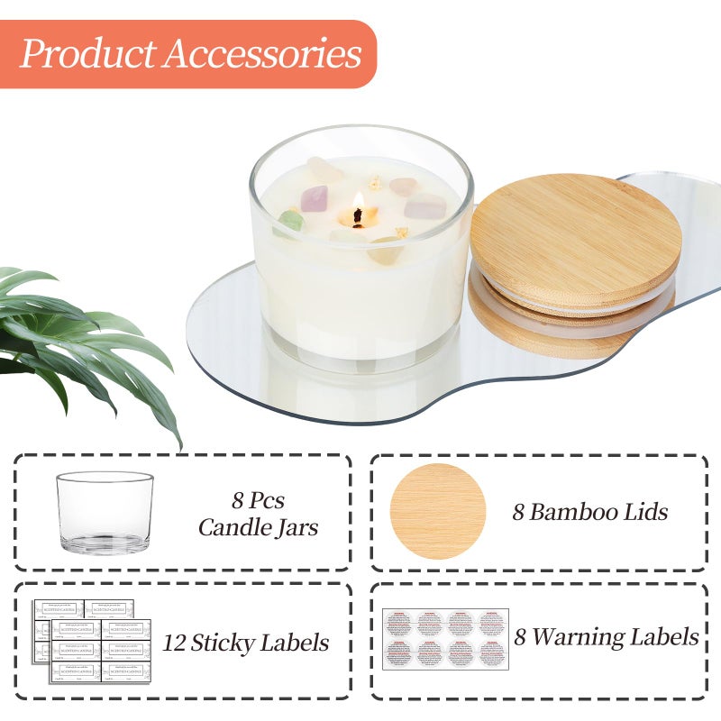 CONNOO 8 Pack 12 OZ Clear Glass Wide Mouth Candle Jars for Making Candles with Airtight Bamboo Lids Nice Sticky Warning Labels for Candle Making Empty Container Bulk - Dishwasher Safe - Image 3