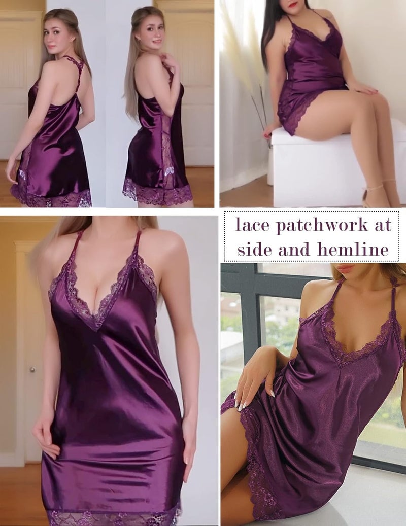 RioDebella Women's Satin Lace Chemise Nightgown – Sexy V-Neck Silk Sleepwear Lingerie - Image 4