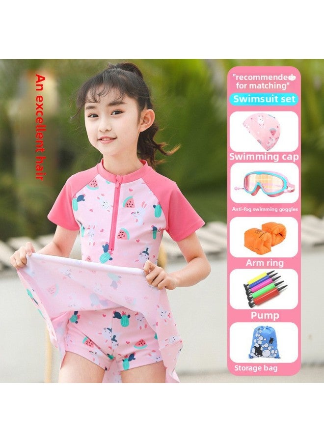 Children's Swimwear Girls' Western-style Dress Split Boxers Swimwear Girls' Training Special Swimsuit-Color:Pink {Clothing And Swimming Cap Anti-fog Goggles}- - Image 3